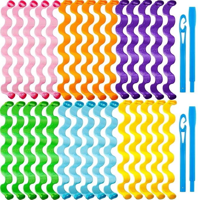 30 Pieces Heatless Waves Curlers Spiral Curls Styling Kit No Heat Hair Waver Spiral Curlers Rollers with 2 Pieces Styling Hooks for Most Hairstyles (30 cm)