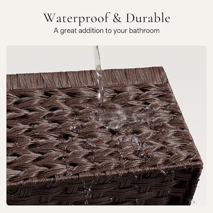 UBBCARE Storage Baskets with Label, Wicker Pantry Baskets for Shelves, Waterproof Woven Basket for Organizing, 2-Pack Plastic Rectangle Organizers with Handles,Dark Brown (13.4L×8.3H×7.1W)