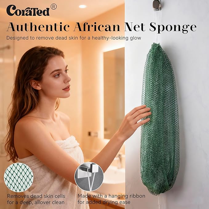 CORATED African Net Sponge Authentic with Knots, Shower Loofah Exfoliating Bath Sponge, Body Scrubber for Women and Men Daily Use Body Care, Travel Portable Bath Accessories Spa Gifts