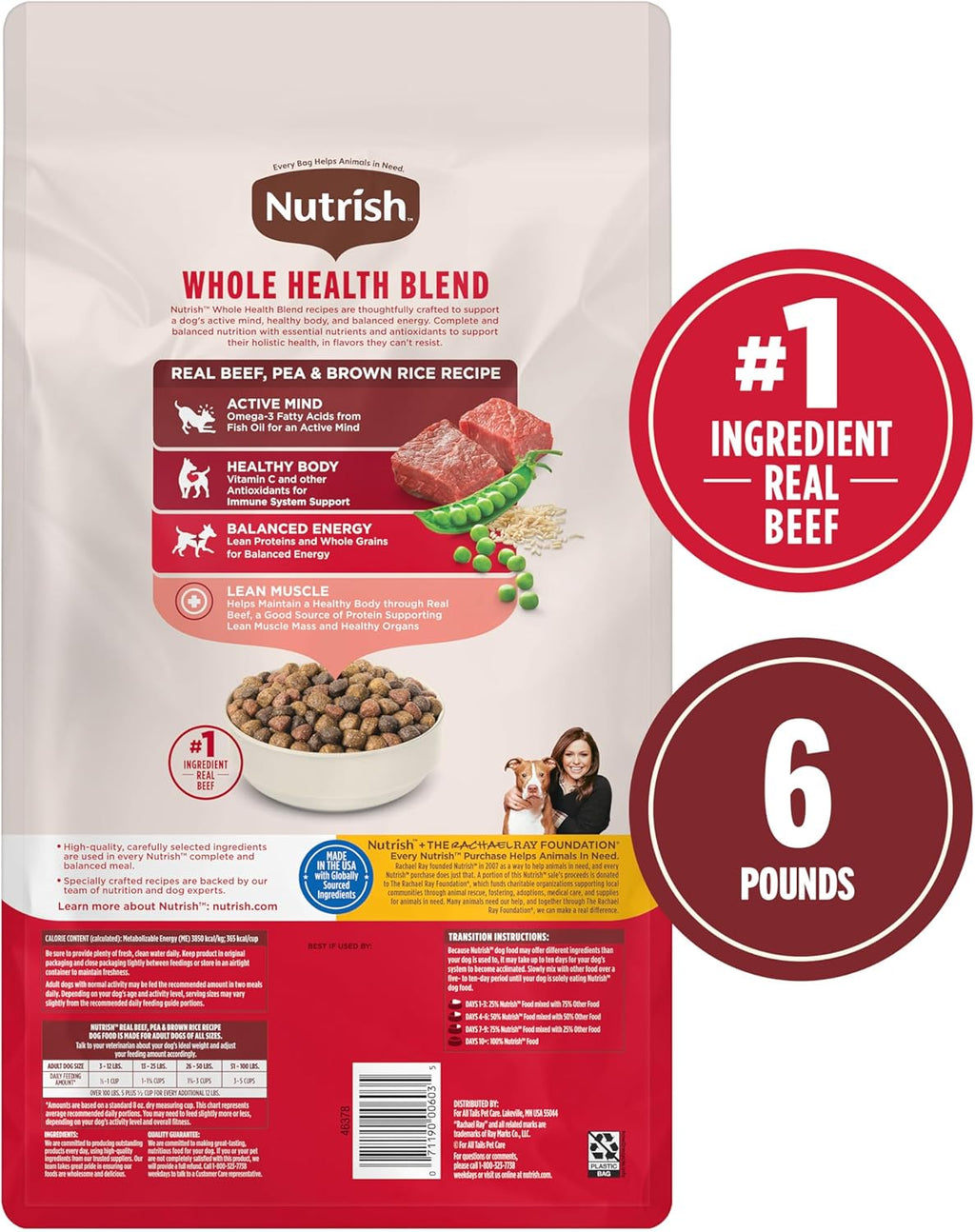 Nutrish Dry Dog Food, Real Beef, Pea & Brown Rice Recipe Whole Health Blend for Adult Dogs, 6 lb. Bag (Rachael Ray)