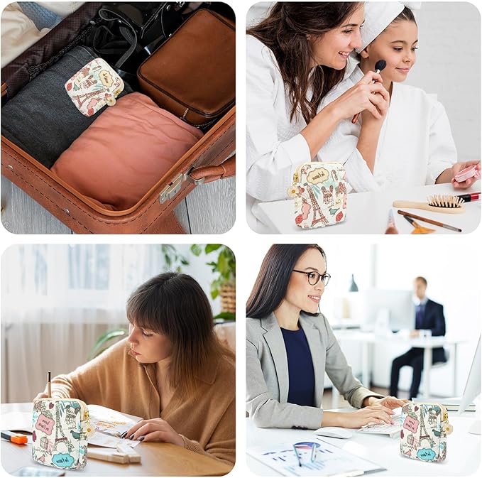Amabro Sanitary Napkin Storage Bag, 2PCS Period Bags Cute Sanitary Pad Storage Pouch Tampon Pantyliners Menstrual Purse Daisy Zipper for Women Teen Girls School Travel Feminine Product(Tower)
