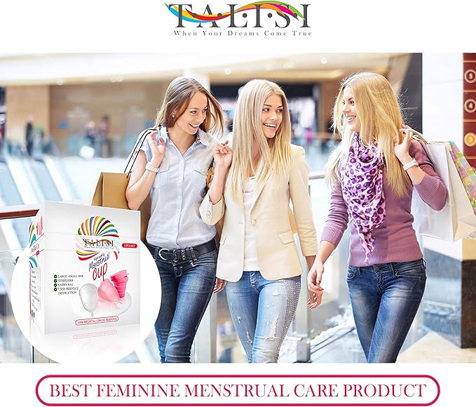 Talisi Menstrual Cups Set of 2 with Collapsible Cleaner Silicone Sterilizer - Soft Reusable Period Kit - Tampon Pads Disc Alternative - Menstruation Feminine Cup Regular, Heavy Flow (Small & Large)