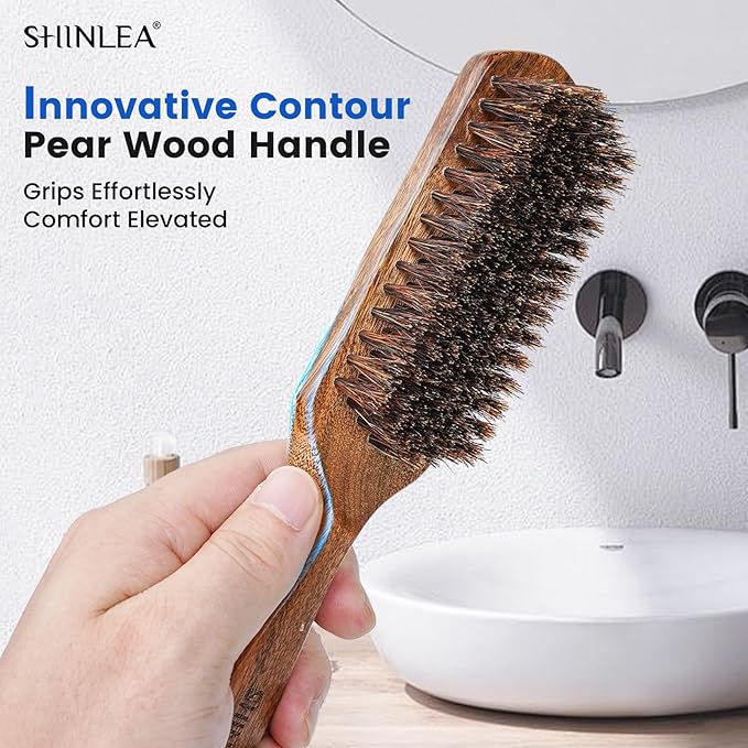 Boar Bristle Hair Brush for Men, Beard Brush with Wooden Handle for Beards Mustaches Grooming, and Soften Facial Hair, Slick Back Hair Brush for Thick & Fine Hair, Great Gift