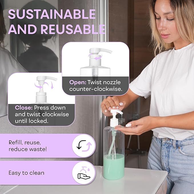 BRIGHTFROM Empty Shampoo Pump Bottles, 32 OZ / 1 Liter, BPA-Free Cylinder Containers, Household & Commercial Use, 2 Pack - Leak Proof