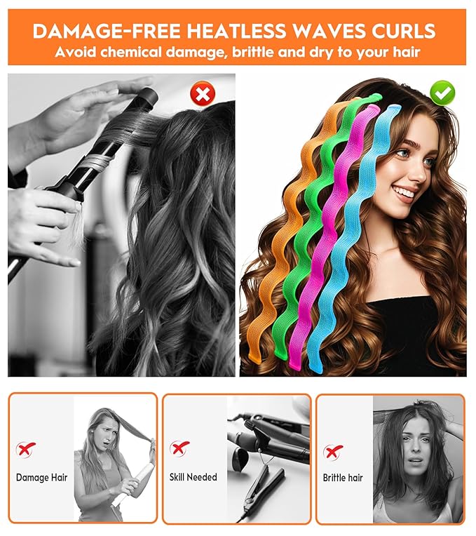 42 Pieces Heatless Waves Hair Curler, No Heat Damage Wavy Hair Curlers with 2 Sets of Styling Hooks, Heatless Curls for Women Girls Long Hair(4 Colors,55cm/ 21.65")