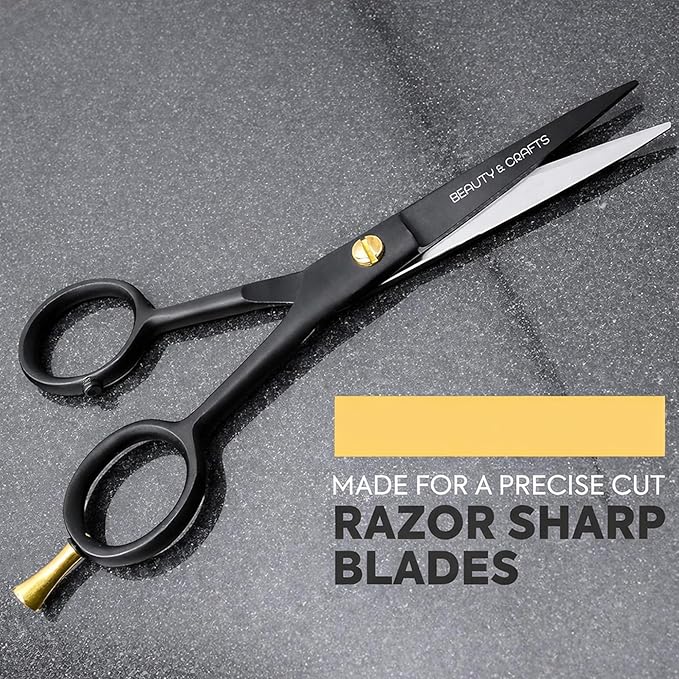 Beauty & Crafts- 5'' German Beard Mustache Scissors - 2 Mustache Comb for Facial Hair with Beautiful Pouch - Beard Trimming Scissors Use for Grooming, Cutting, and Styling of Mustache (Black)