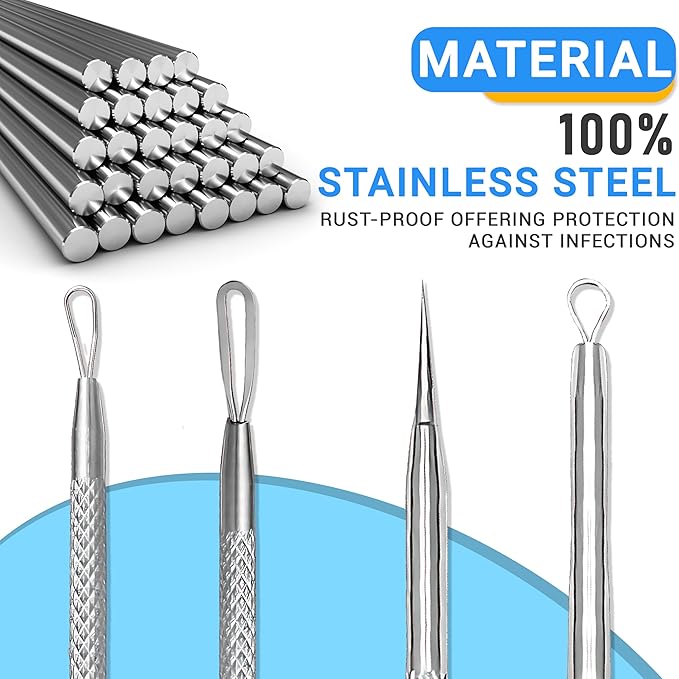 EFAH Care 2Pcs Stainless Steel Pimple Extractor Acne Treatment Tool Surgical Blemish Grade Blackhead Remover Perfect for face and Nose Easy to Clean (Silver)