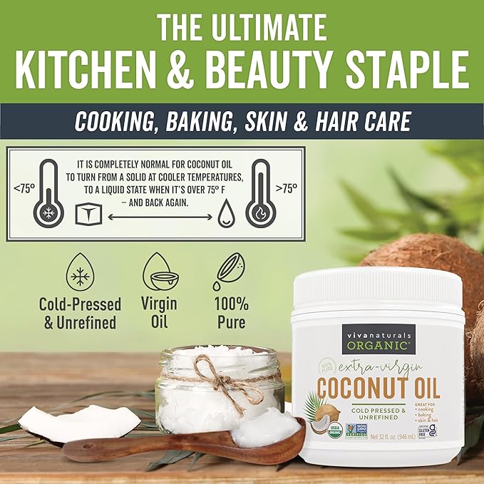 Viva Naturals Organic Coconut Oil, 32 fl oz – Unrefined, Cold-Pressed Extra Virgin Coconut Oil, USDA Organic & Non-GMO, Natural Cooking Oil, Hair Oil & Skin Oil
