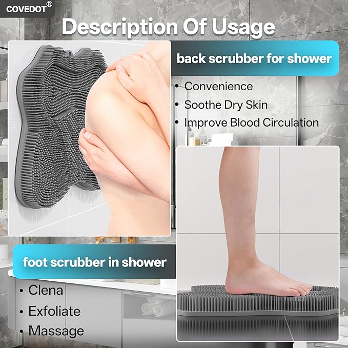 Dual-Sided Silicone Shower Foot Scrubber Mat – Foot Scrubber in Shower for Deep Cleaning & Exfoliation | Wall-Mounted Shower Foot Scrubber Mat & Back Cleaner for Men and Women(Pink, Standard)