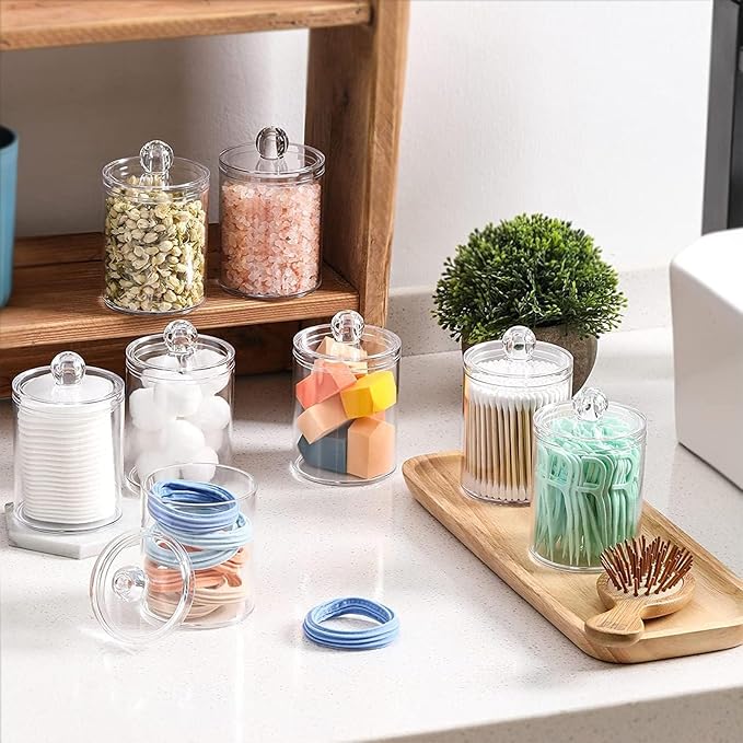 3PCS Acrylic Qtip Dispensers Holders With Clear lid, Clear Bathroom Round Countertop Storage Organizer Canister for Cotton Balls,Swabs,Pads,Bath Salts , Makeup Sponges,Tooth Floss