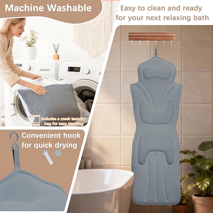 Ergonomic Full Body Bath Pillow for Bathtub, 5D Luxury Spa Cushion with 114 Non-Slip Suction Cups, Extra Long Thick Bath Pillow for Full Body Support, for Adult with Laundry Bag & Hook (Grey) (Gray)
