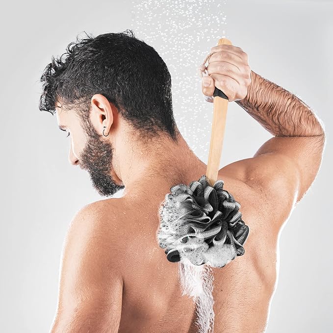 Long Loofah with Handle, Back Scrubber for Shower, Loofah on a Stick (19.09"), Black & White 4.72" Jumbo Mesh PE Pouf, Waterproof Coated Wooden Handle, Non-Slip Grip, Hanging Loop, Men & Women