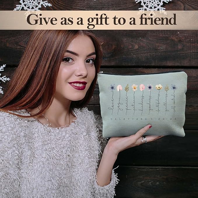 Christian Gifts Makeup Bag, Floral Christian Cosmetic Bags for Women, Galatians 5:22-23 Bible Verse Makeup Pouch, Faith Based Gifts Zipper Pouch(blue)