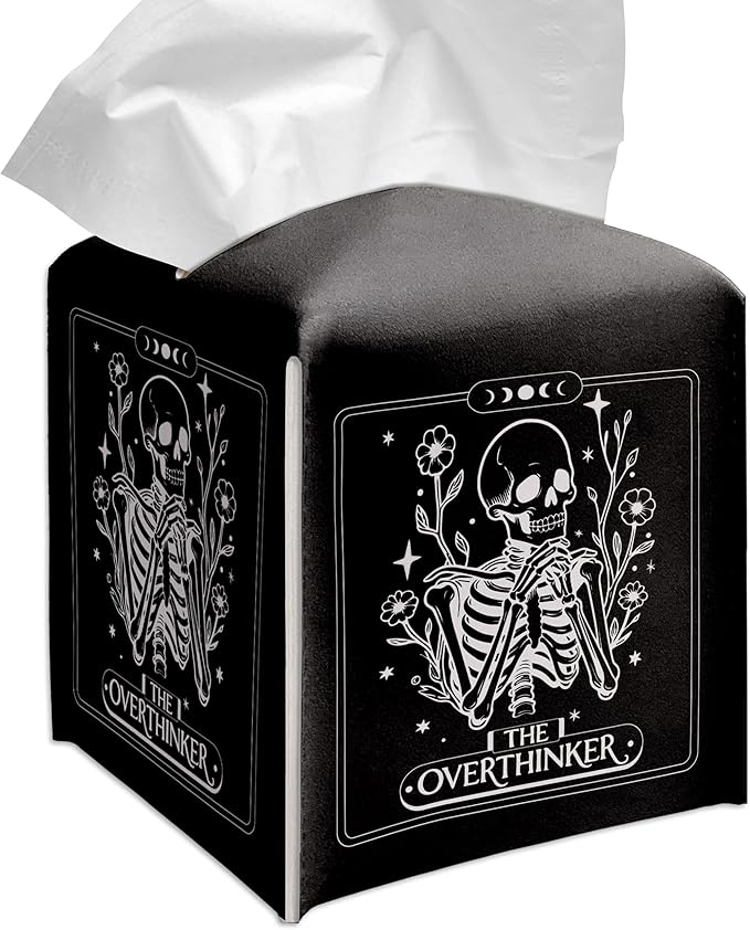 Grace Yonks Cute Tissue Box Cover Square - Gothic Skeleton “The Overthinker” Print, Funny Tarot-Inspired Design 5.2" PU Leather Holder for Vanity, Bathroom Counter - Cube Case for Facial Tissues(024)