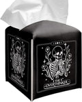 Grace Yonks Cute Tissue Box Cover Square - Gothic Skeleton “The Overthinker” Print, Funny Tarot-Inspired Design 5.2" PU Leather Holder for Vanity, Bathroom Counter - Cube Case for Facial Tissues(024)