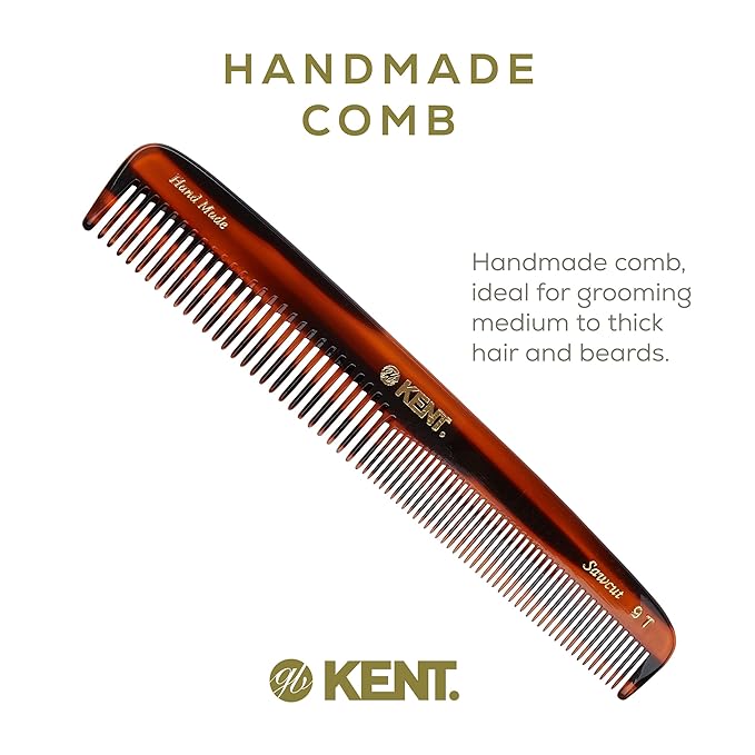 Kent 9T Tortoiseshell Fine Tooth and Wide Tooth Comb - Large Handmade and Saw-Cut Fine Hair Dressing Comb - Wet Hair Detangler Combs for Women and Durable Grooming Made in England