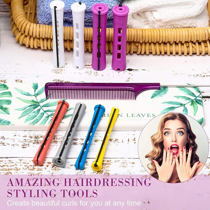 WILLBOND 60 Pieces Hair Perm Rods Set Plastic Cold Wave Perming Rods for Natural Hair Long Short Curling Rollers with Rat Tail Comb for Hairdressing(Soft Color,Multi Sizes)