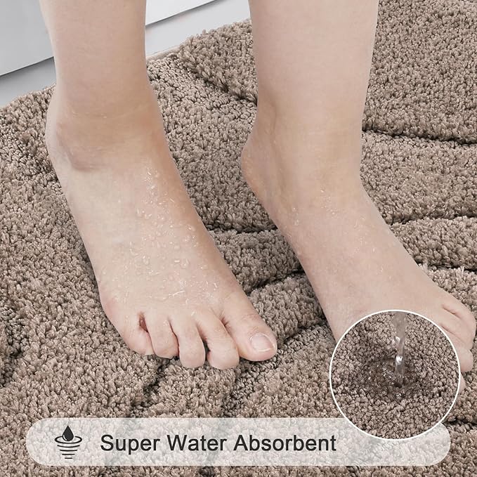 HEBE Bathroom Rug Sets 3 Piece, Non Slip Shower Mats with U-Shaped Contour Toilet Mat, Absorbent Microfiber Bath Mats for Bath Rugs, Washable Shaggy Floor Carpet, Coffee