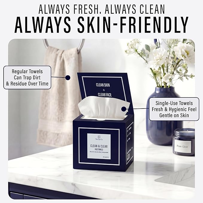 Clean & Clear Face Towels, Disposable Luxury Facial Towels, 100% Viscose Lint-Free Ultra Soft Dry Wipes for All Skin Types, Facial Drying & Gentle Makeup Removal, XL 10×12 Size, 50 Count