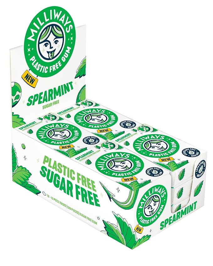 Milliways Spearmint Super Natural Gum - Plastic-Free Chewing Gum | Xylitol, Aspartame-Free, Sugar-Free, Plant-Based | 4 Packs of 10 Pieces (40 Pieces Total)