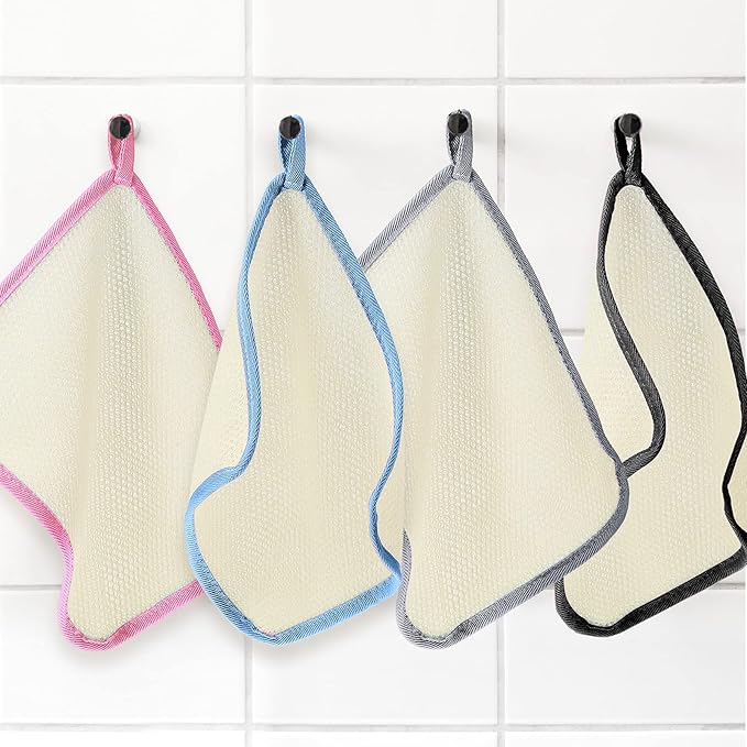 Tatuo 5 Pcs Exfoliating Face and Body Wash Cloths Towel Weave Bath Exfoliating Scrub Massage Bath Cloth for Women and Men, 10.63 x 9.05 Inch (White, Pink, Blue, Gray, Black Edge)