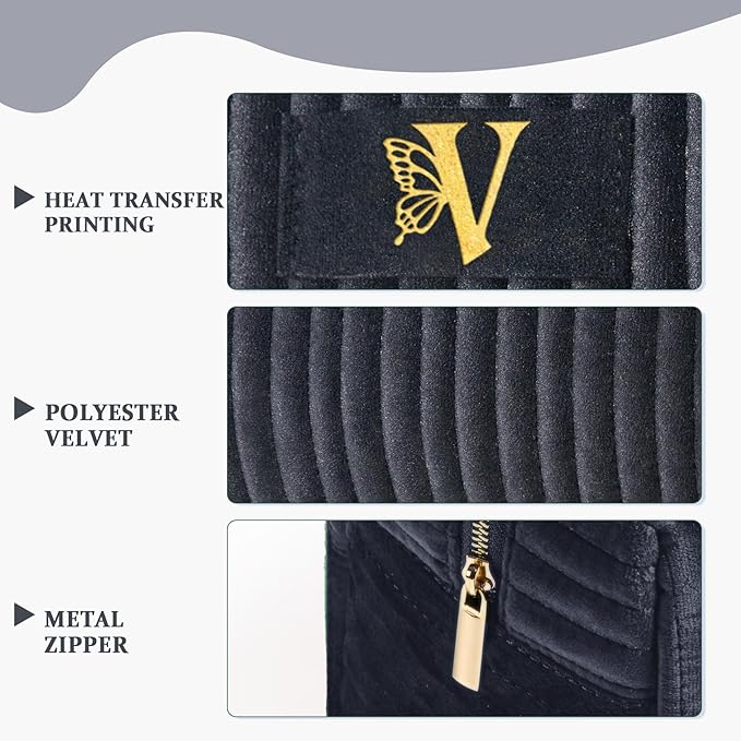 COSHAYSOO Birthday Gifts for Teens College Big Sister Girls Trip Gifts Favors Travel Makeup Bag Quilted Make Up Pouch Initial Velvet Cosmetic Case with Butterfly Decorations for Women Black Letter V