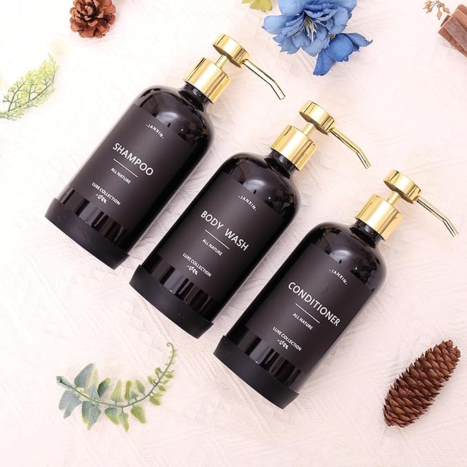 Shampoo and Conditioner Dispenser Set of 3,Refillable 21oz Shampoo Bottles with Non-Slip Protective Silicone Pad,Shower Soap Dispenser with Waterproof Labels for Bathroom (Black)