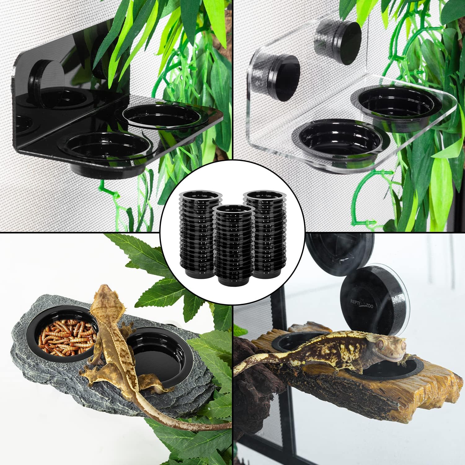 WACOOL Magnetic Reptile Ledge, Acrylic Gecko Feeding Ledge with 6PCS Cups, Reptile Food Water Feeder Dish for Geckos Iguana Chameleon Pets (Cups)