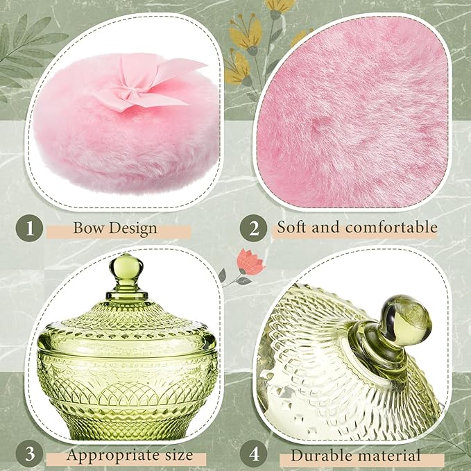 Tioncy 3 Pcs Large Body Powder Puff and Container Valentine's Day gift Powder Container with Puff Crystal Case Soft Washable Reusable Velour Face Body Glitter Wet Dry Makeup(Retro,Olive Green)