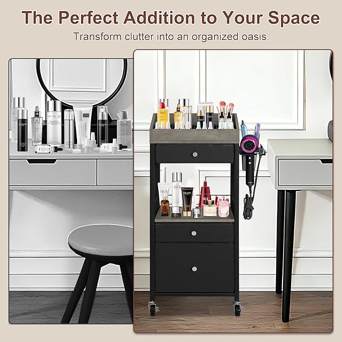 Makeup Organizer Cart with 3 Drawers & Detachable Hair Tool Holder, Rolling Cosmetic Storage Cart with Adjustable Dividers, Lockable Wheels for Bathroom, Bedroom Vanity, Black & Grey