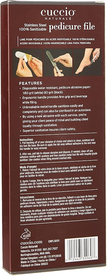 Cuccio Naturale Reusable Stainless Steel Pedicure File Kit – Includes 15 Black 80 Grit and 15 White 180 Grit Disposable Abrasive Refills – 100% Sanitizable with Ergonomic Handle