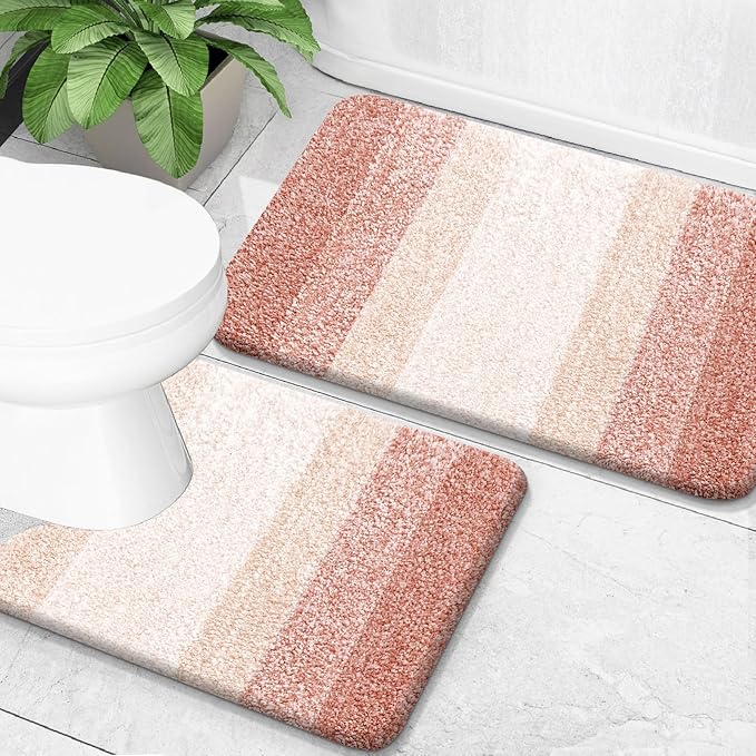 OLANLY Bathroom Rug Set 2 Piece, Soft Absorbent Microfiber Bath Mats and U-Shaped Contour Toilet Rug, Non-Slip, Machine Wash Dry, Plush Shaggy Bath Mats for Bathroom (30"x20"+24"x20", Peach)