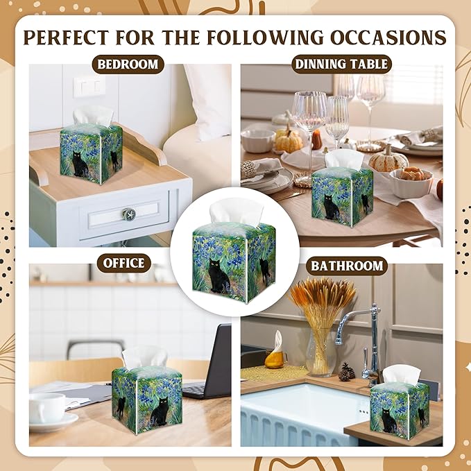 Black Cat & Blue Flowers Design Tissue Box Cover - Vintage PU Leather Waterproof Tissue Holder - Facial Paper Organizer for Home Bathroom Office - Desk Decorative Dispenser Box-B03