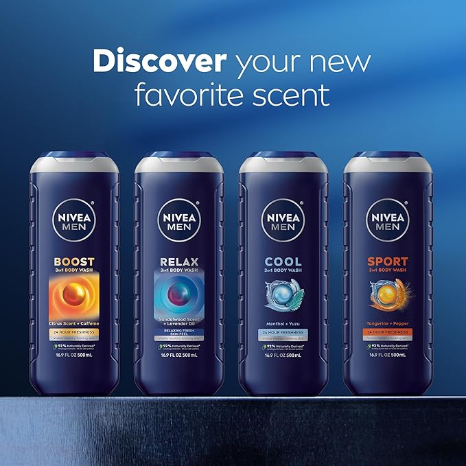 NIVEA MEN Fresh Wave Body Wash with Menthol, Refreshing Scent, 3-in-1 Men's Body Wash, Face and Hair, Paraben Free, Vegan Formula, 16.9 Fl Oz Bottle, Pack of 3