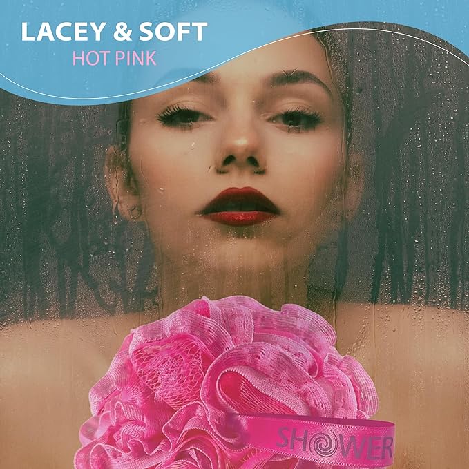 Loofah-Bath-Sponge Hot-Lacey-Mesh // 4-Sexy-Lace-Colors by Shower Bouquet / 2-Scrubs-in-1 Large Full 60g Pouf Body Luffa Loofa Loufa Puff - Exfoliate, Cleanse Skin with Luxurious Bathing Accessories
