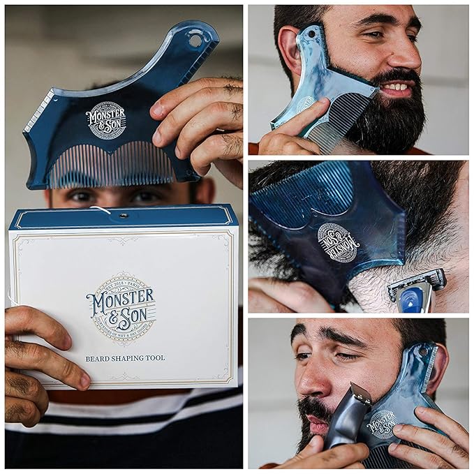 Monster&Son Beard Shaping Tool For Men - Classic Oversized Design (Blue Clear) - Lineup Stencil Shaper for Styling and Shaping - Alignment Guides for Perfect Symmetry