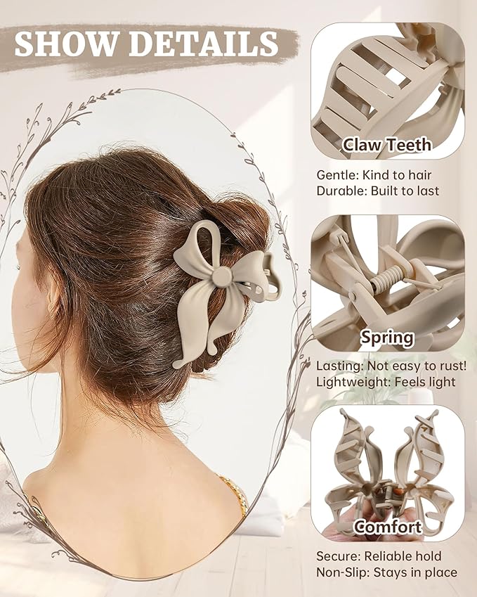 Mesovor 4 Pack Cute Bow Claw Clip for Women, Nonslip Large Matte Strong Hold Bows Hair Clips for Thin and Thick Hair | Chic Hair Styling Accessories (4.1" Black, Grey, Khaki, Brown)