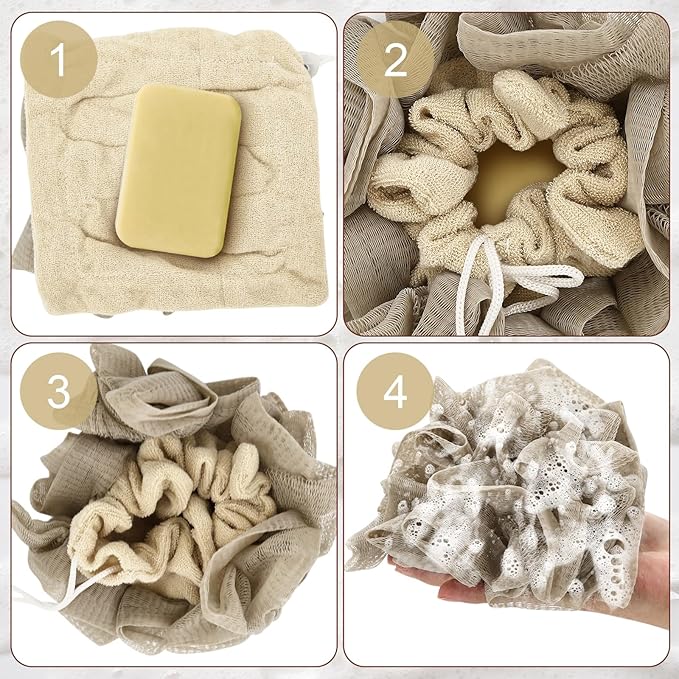 3 Pcs Soap Bar Loofah, 2 in 1 Bar Soap Loofah Pouch Can Hold Soap Effective Exfoliation for Bathing (Beige*2 + Khaki*1)