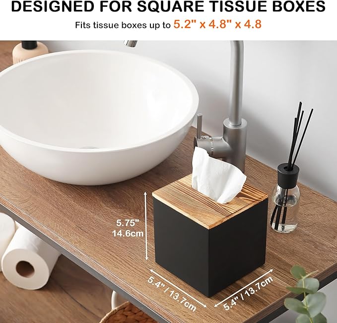 Black Tissue Box Cover Square - Wooden Tissue Box Holder - Decorative Cube Facial Tissue Dispenser for Vanity Toilet Tank Dresser Nights Stand Kitchen Table Office Countertop
