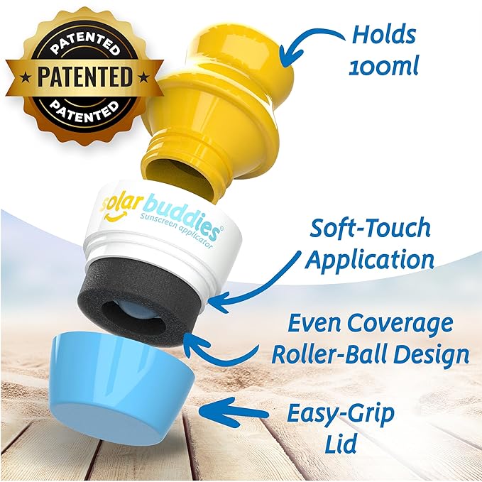 Solar Buddies Sunscreen Applicator - Blue Pack of 2 - BPA-Free Refillable Roll on Sponge Sunscreen, Suncream & Lotion Applicator For Kids, Adults & Families - Holds 3.4fl oz, Perfect Size for Travel