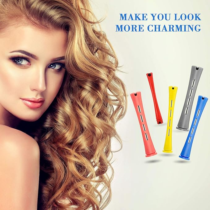 WILLBOND 60 Pieces Hair Perm Rods Set Plastic Cold Wave Perming Rods for Natural Hair Long Short Curling Rollers with Rat Tail Comb for Hairdressing(Bright Color,Assorted Size)