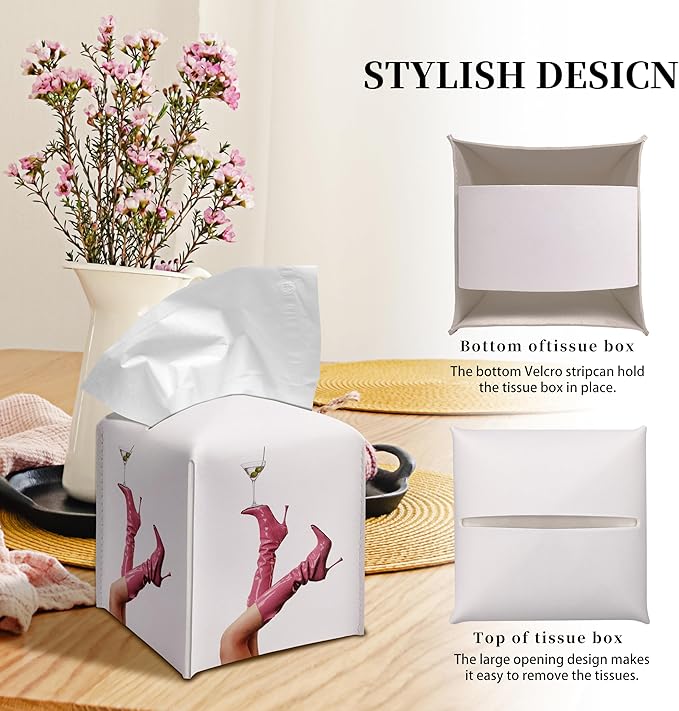 Grace Yonks Cute Tissue Box Cover Square - Pink High Heel Boots & Martini Glass Design 5.2" PU Leather Holder for Vanity, Desk, or Bathroom Counter - Cube Case for Facial Tissues(012)