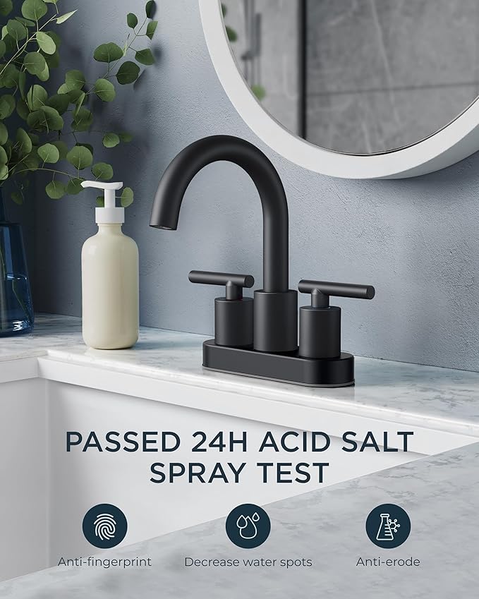 FORIOUS 4 Inch Centerset Bathroom Faucet Black 2 Hole, Two Handle Matte Black Faucet for Bathroom Sink with Pop Up Dain, 24" Supply Line, and 360° Rotating Spout of 4" Vanity