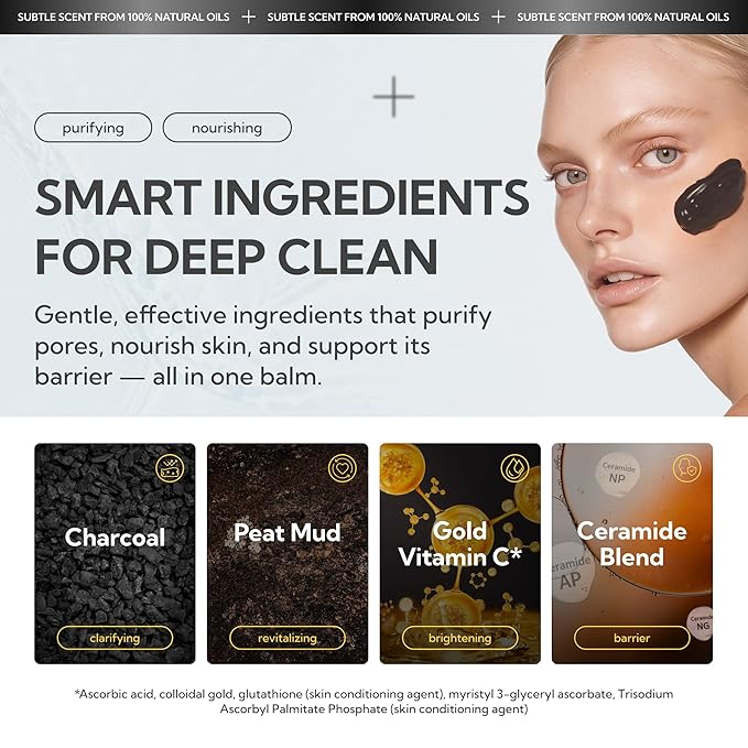 Perfect One Focus Smooth Cleansing Balm Deep Black–Makeup Remover Balm with Charcoal & Gold Vitamin C, Helps Clear Pore Clogs,Hydrating Ceramides,Gentle Face Cleanser,Waterproof Mascara Remover–2.64oz