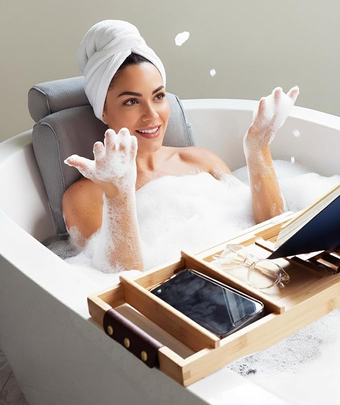 Everlasting Comfort Luxury Bath Pillows for Tub with Head and Neck Support - Non-Slip Bathtub Pillow with Suction Cups, Quick-Drying Mesh & Drying Hook - Jacuzzi & Spa Accessories for Women - Gray