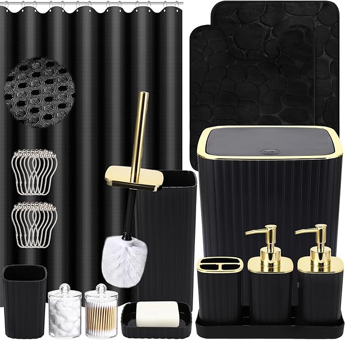 Bathroom Set with Shower Curtain and Rugs- 25PC Bathroom Accessory Set, Black Shower Curtain Set, Toilet Brush, Trash Can, Qtip Holder & Soap Dispenser