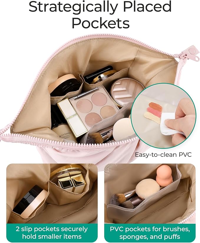 BAGSMART Makeup Bag Travel Makeup Bag, Cute Make Up Bag, Large Capacity Cosmetic Bags for Women, Wide-open Makeup Pouch Travel Essentials Toiletries Accessories Brushes (Nude Pink)