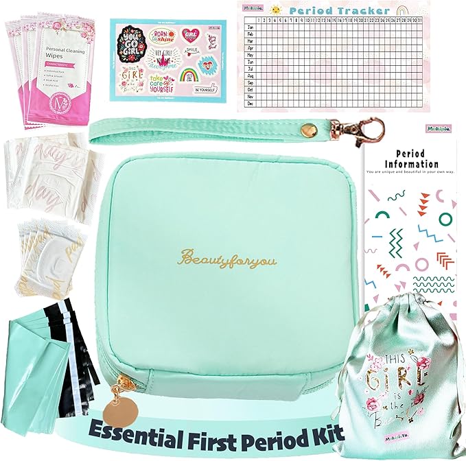Essential First Period Kit for Girls 10-12 | Period Bags for Teen Girls for School | First Period Gift with Sanitary Pad Storage Bag, Wipes, Period Tracker and More(Mint)
