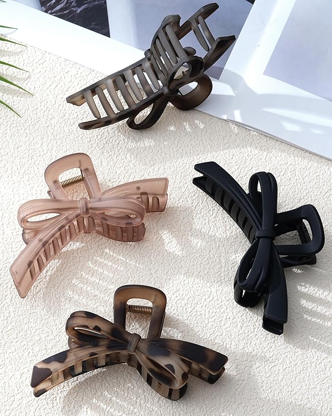 Mesovor 4 Pack Cute Bow Claw Clips, Nonslip 4.92" Large Matte Strong Hold Bows Hair Clips for Thin and Thick Hair | Chic Hairclips for Holidays or Everyday Hairstyle (Leopard Matte)