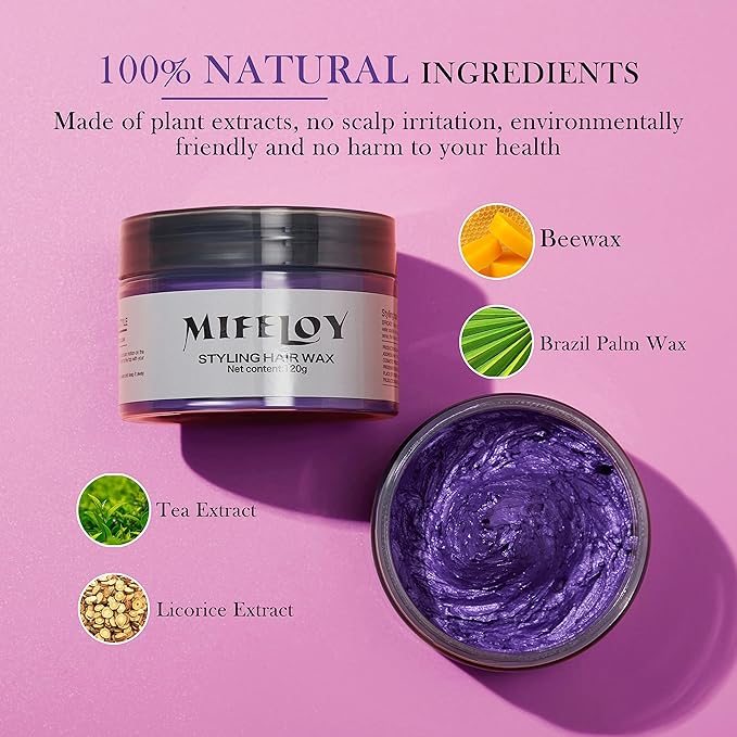 Temporary Purple Hair Spray Color Wax with Dye Brush, Instant Natural Violet Hairstyle Cream 4.23 oz, Disposable Coloring Mud for Men Women, Washable Styling Pomades, Party Cosplay DIY Halloween